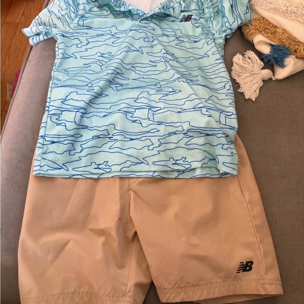 New Balance Light Blue Wave Shirt and Beige Shorts Set
